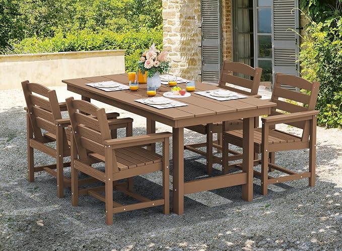 SERWALL 7 Pcs HDPE Dining Set, 1 Umbrella Hole Table & 6 Chairs, Brown | HDPE Outdoor Dining Furniture with Rectangular Table & 6 Chairs, All-Weather Resistant SERWALL Dining Set for 6