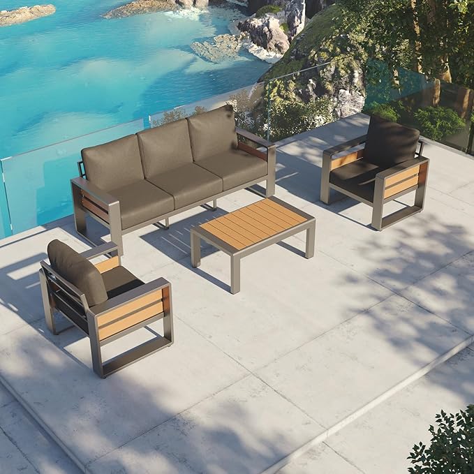 Aoxun Aluminum Patio Furniture Set, 5 Seats Sectional Metal Patio Furniture with Coffee Table, 6'' Thick Cushions and 3-Seat Sofa, Modern Outside Sectional Set for Backyard/Garden/Poolside, Dark Grey