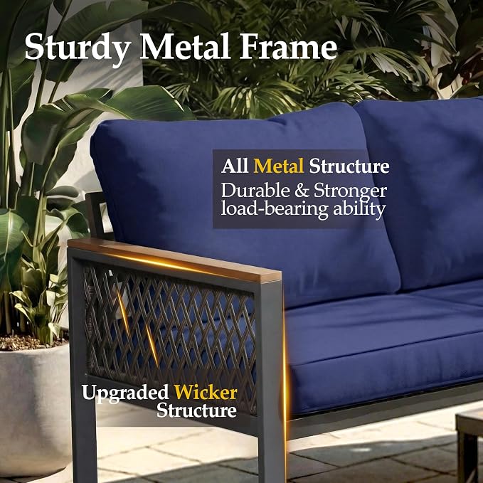 UPHA 6 Pieces Patio Furniture Set with 56" Propane Gas Fire Pit Table, Metal Outdoor Sectional Couch Set with 3-Seat Sofa, Modern Patio Conversation Set for Porch Balcony Deck, 5 Seats, Navy Blue