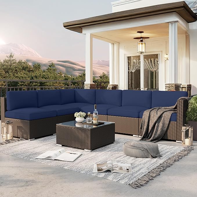 SUNCROWN 7-Piece Outdoor Patio Furniture Sofa Set All-Weather Wicker Sectional Conversation Set with Modern Glass Coffee Table and Cushions-Dark Blue