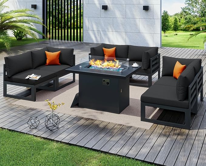 NICESOUL 7 Piece Modern Aluminum Patio Furniture Set with Fire Pit Table, 500 lbs Heavy Duty Outdoor Sectional Sofa, 29" Deep and Wide Big Seats, L Shaped Modular Conversation Couch for Deck, Black