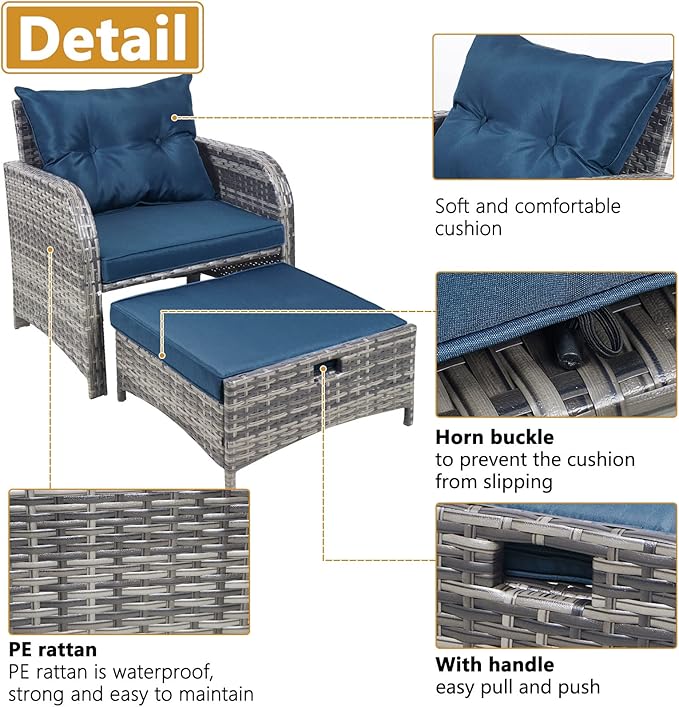 5 Pieces Wicker Outdoor Patio Chairs with Ottomans, All Weather PE Rattan Outdoor Conversation Set Bistro Patio Furniture Set with Hidden Ottoman for Porch Backyard Balcony, Blue