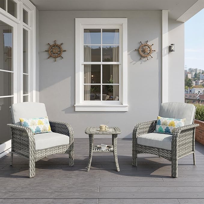 3 PCS Outdoor Patio Furniture Set with Side Table, All-Weather Rattan Wicker Outdoor Conversation Set with Thickened Cushions for Balcony Backyard Garden Lawn,Grey