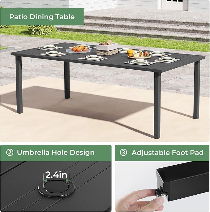 Outdoor Dining Set for 8, Patio Dining Set with Textilene Dining Chairs, Metal Dining Table with Umbrella Hole, Stackable Outdoor Chairs for Garden, Patio, Poolside and Backyard, Navy Blue