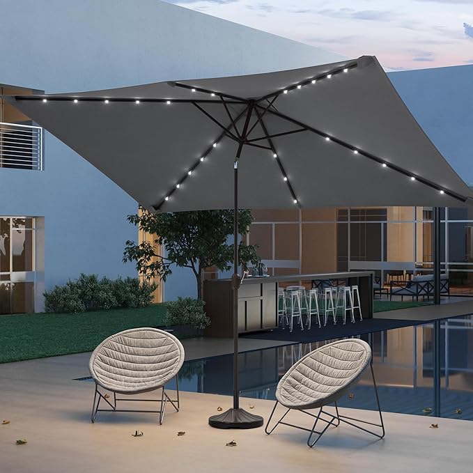 Rectangle Patio Umbrella with Solar Lights, 10 x 6.5ft Rectangular Outdoor Umbrella Table Market Patio Umbrella with Push Button Tilt and Crank for Garden, Deck, Backyard, Pool