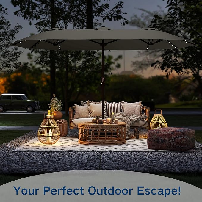Large Patio Umbrella with Solar Lights and Base, Double-Sided Outdoor Rectangle Umbrella with 48 LED Lights, Market Table Umbrellas with UV Resistant Canopy
