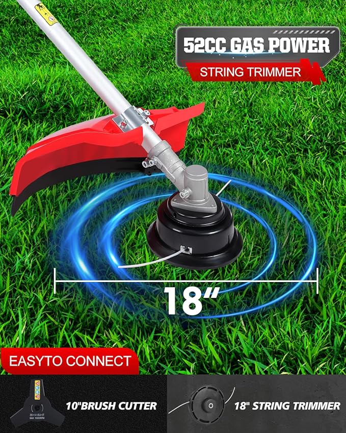52CC Gas Weed Eater, 3-in-1 String Trimmer/Brush Cutter/Edger – 18″ Cutting Swath, Balanced 18.5LB Design, Full-Crank 2-Stroke Engine, Quick-Start System for Effortless Yard Care (PT6091)