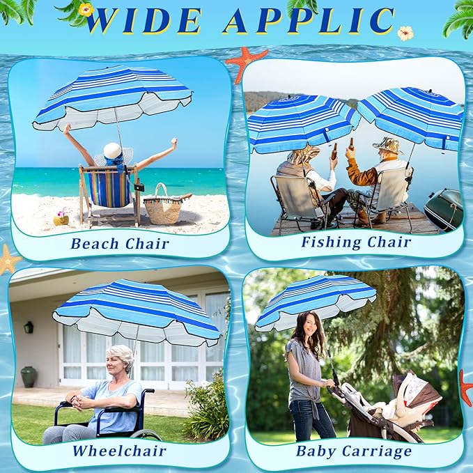 Buryeah 2 Pcs Beach Chair Umbrella Automatic with Universal Adjustable Clamp 44" UPF 50+ Portable Clamp on Beach Chair for Wheelchair Patio Golf Carts Camping