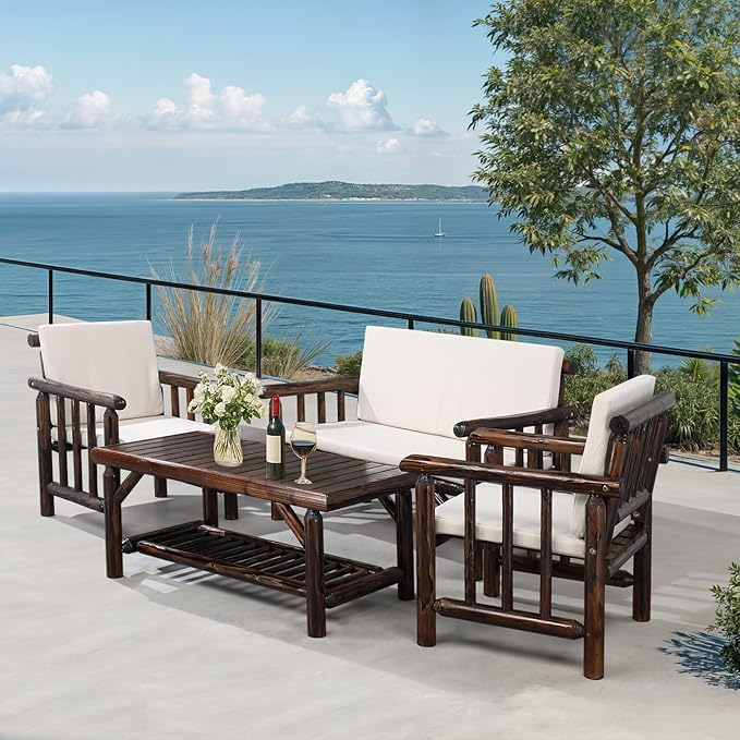 VINGLI Outdoor Patio Furniture Sets 4-Piece, Fir Wood Patio Couch Sets w/Coffee Table, Outdoor Conversation Sectional Set with Removable Cushion for Garden, Lawn, Balcony (Cabonized Color)