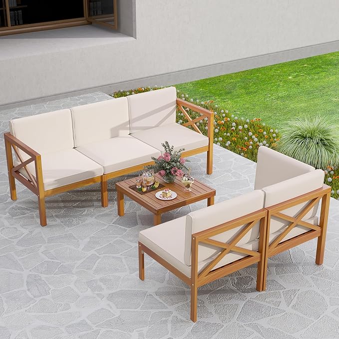 Tangkula 6 Pieces Acacia Wood Patio Furniture Set, Outdoor Sectional Conversation Set with Cushions and Coffee Table, L Shaped Corner Sofa Set for Garden, Porch, Poolside and Backyard (Off White)