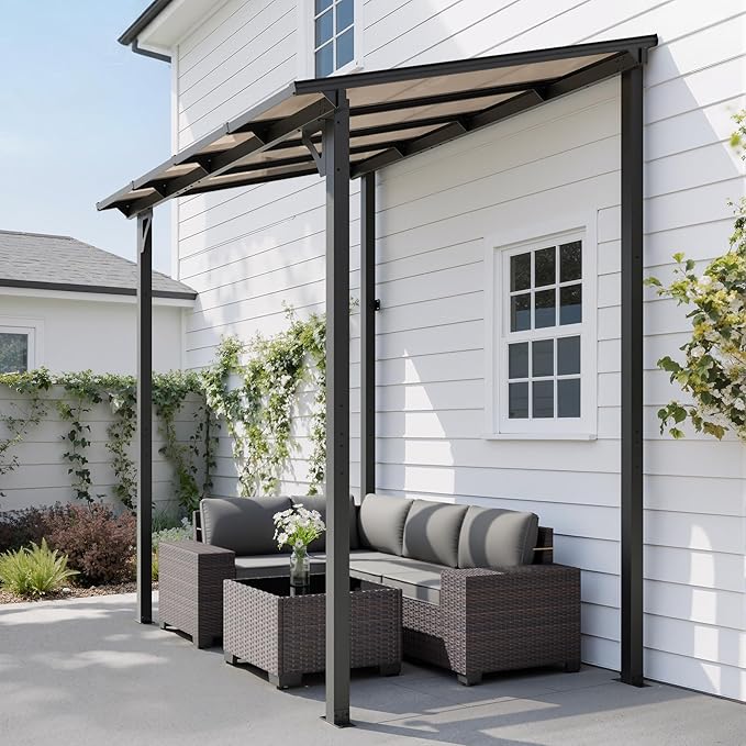 ALAULM 8'x 5' Outdoor Hardtop Pergola,Wall Mounted Lean to Gazebo with Sloped Sun Panel Roof,Galvanized Metal Frame,Sunshade for Patio, Backyard, Deck and Poolside
