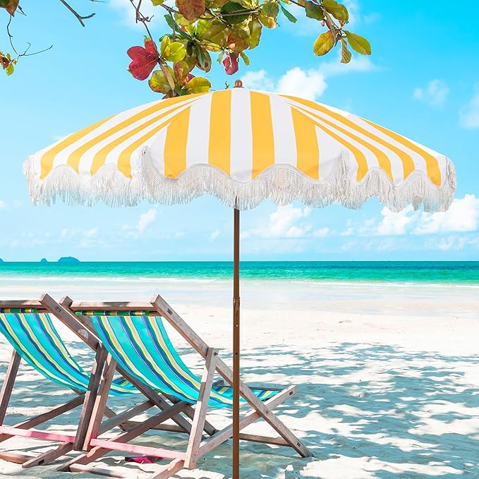 Rayjee 6.5FT Patio Umbrella with Fringe, Portable Boho Beach Umbrella, Tilt & Adjustable Height, 2-Piece Aluminum Pole for Pool, Garden, Deck & Beach