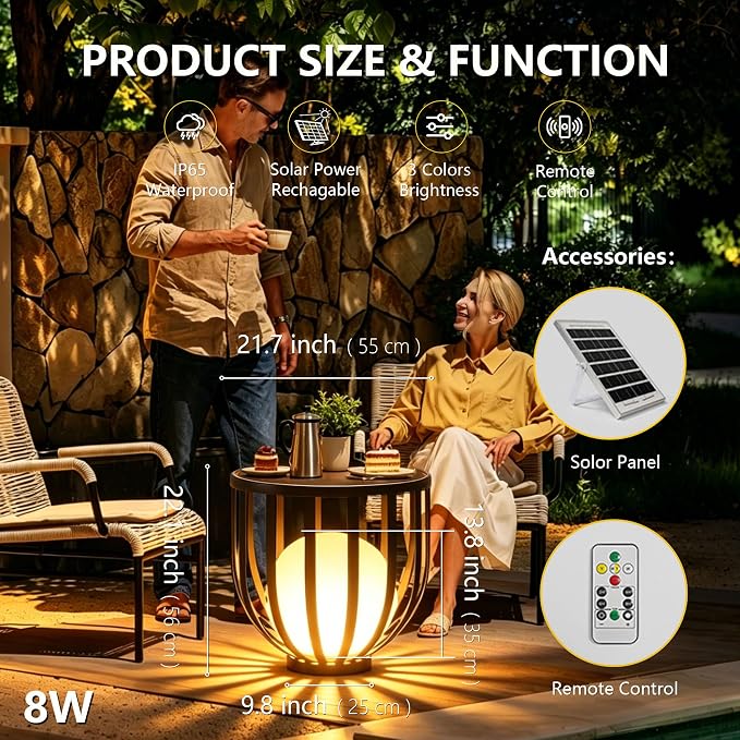LED Outdoor Side Table, Solar Charging and Remote Control,Built-in Sphere Light,All Weather Metal Decor for Patio & Garden