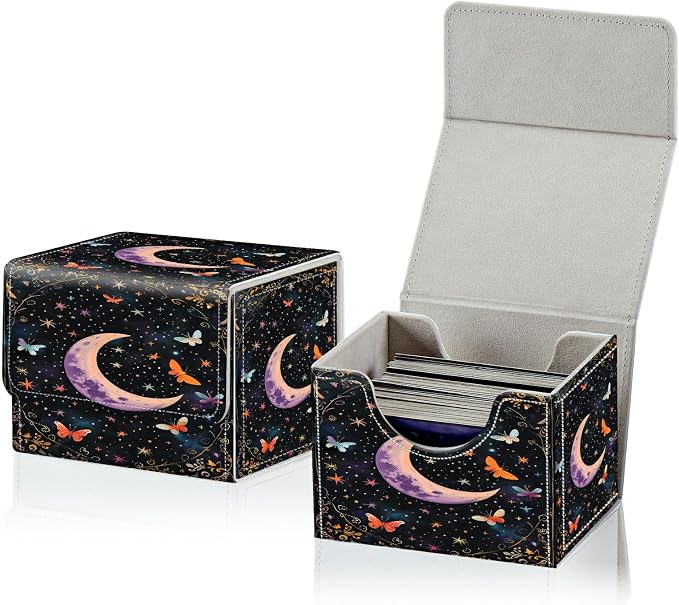 Card Deck Box for MTG, Cards Storage Box Fits 120+ Sleeved, Leather Small Size Strong Magnetic Closing Card Case for Board Games Magic TCG CCG Baseball Collection, Butterfly Dark Moon