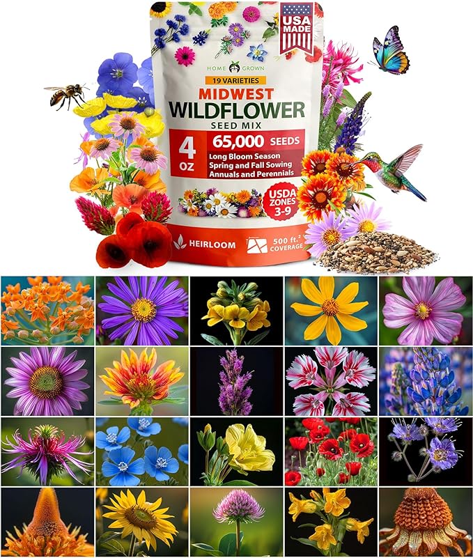 HOME GROWN Midwest Wildflower Seeds Mix | 65,000+ Heirloom Perennial Flower Seed for Attracting Bees, Birds & Butterflies | High Germination Bulk Planting | 4 oz