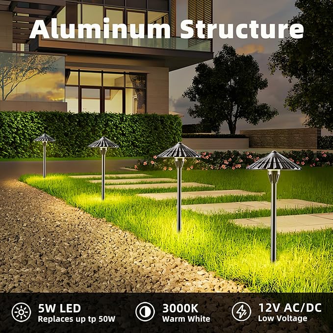 12 Pack 3000K Low Voltage Landscape Lights, 5W 500LM Outdoor Pathway Lighting, 12V IP65 Waterproof Landscape Path Lights for Walkway Yard Garden, CRI 90+, Aluminum, ETL Listed Cord