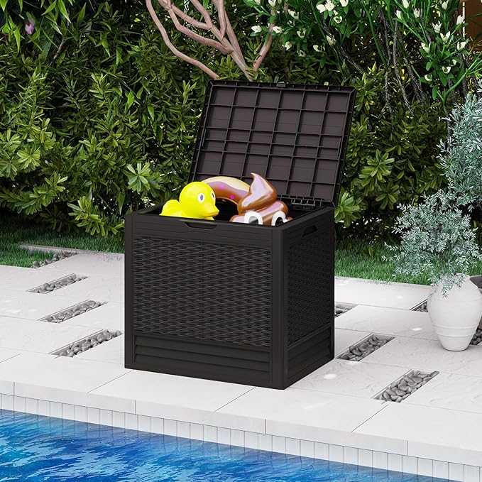 Tangkula 25 Gallon Outdoor Storage Box, Waterproof PP Resin Patio Storage Box with with Lockable Lid for Indoor & Outdoor Use, 2-in-1 Rattan Design Deck Box for Patio Cushions, Garden Tools