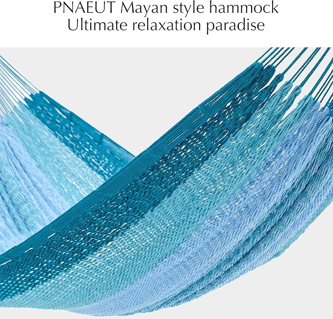 PNAEUT Handwoven Mayan Hammock, Thick Soft Rope Double Hammock for Outdoor Outside & Indoor, 600 lbs Capacity Heavy-Duty, Includes Tree Straps, Carabiners & Carrying Bag (Pine Lake, X-Large)