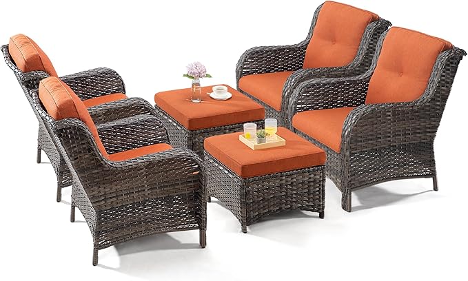 Wicker Chair Set 6 Pieces - Outdoor Wicker Patio Furniture Set with 4 Armchairs and 2 Ottomans, Olefin Cushions Included(Mixed Grey/Orange)