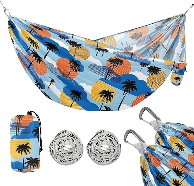 Camping Hammock Outdoor Hammocks for Outside Palm Tree Silhouette Beach Trees Portable Lightweight with Pockets Tree Straps Indoor