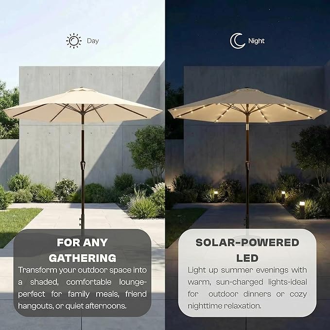 11FT Solar Lighted Patio Umbrella, Outdoor Table Market Umbrellas with Crank Lift, 32 LED Lights, 8 Sturdy Ribs, UV-Resistant for Deck, Garden, Pool