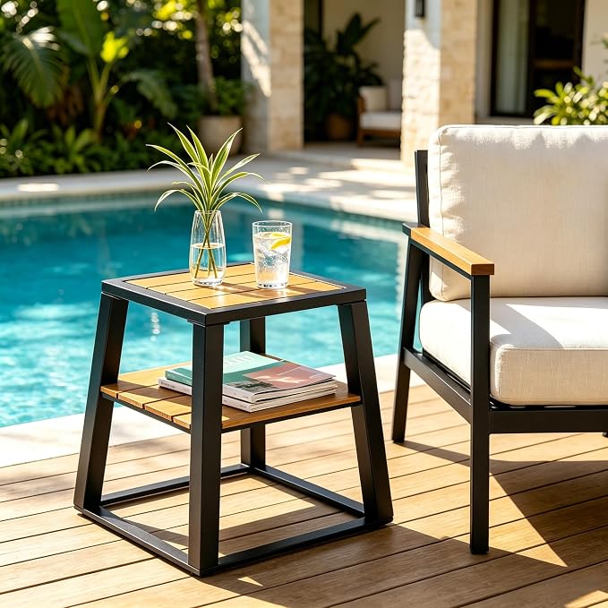 Christopher Knight Home Tova 2-Tier Acacia Wood Outdoor Side Table, Decorative Square Small Accent Table with Slatted Design, Weather Resistant Patio End Table with Iron Frame for Balcony, Teak+Black
