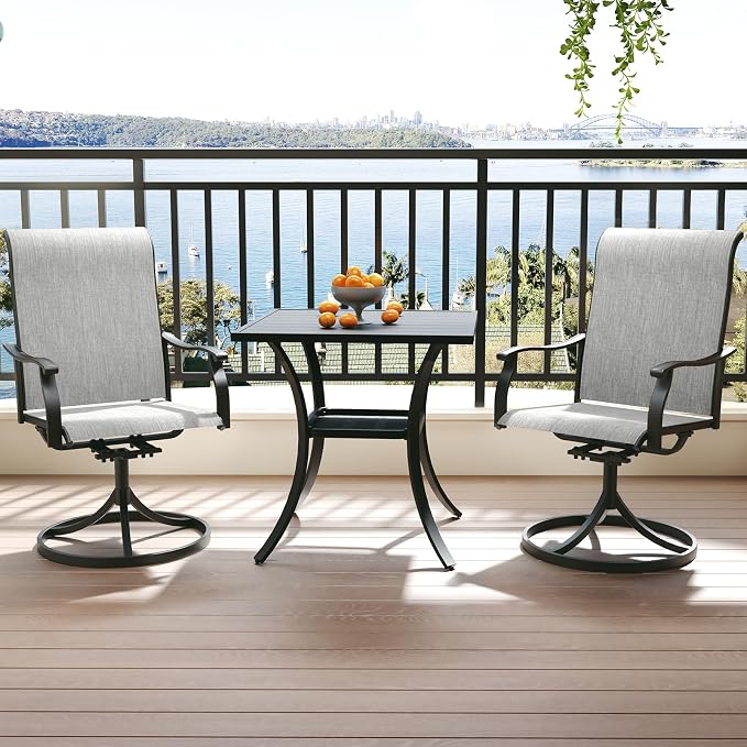 Anmutig 3 Piece Outdoor Patio Bistro Dining Set with 2 Swivel Dining Chairs & 1 Square Metal Dining Table, All Weather Dining Furniture Set for Lawn Garden Grey