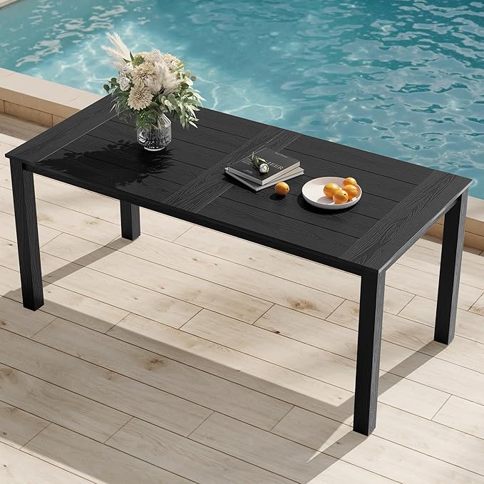 YEFU Outdoor Patio Table HIPS: 67" Rectangle Outdoor Dining Table with Umbrella Hole & Metal Aluminum Frame - All-Weather Patio Dining Table for 6 Modern Outside Furniture for Deck Garden Black
