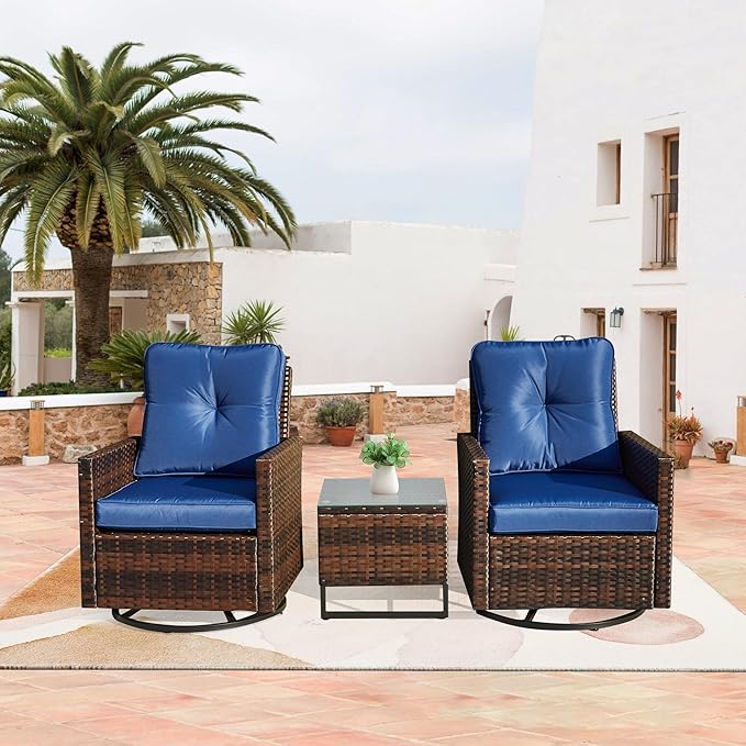 AVAWING 3 Pieces Patio Bistro Set, Wicker Swivel Glider Chairs with Tempered Glass Side Table, Patio Chair Set with Waterproof Blue Cushions for Garden, Balcony and Porch