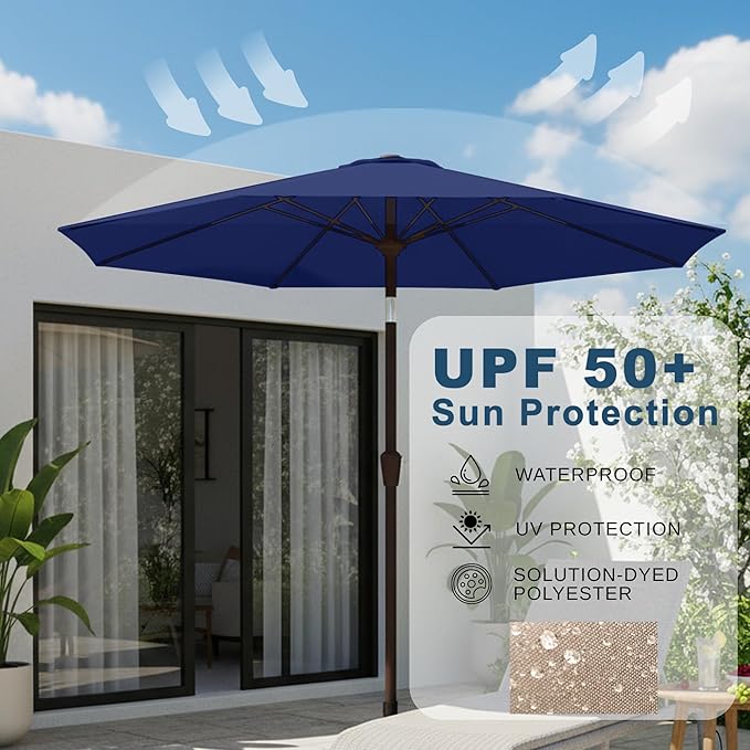 9ft Patio Umbrella with Push Button Tilt and Crank,Outdoor Market Table Umbrella UV Protection 8 Sturdy Ribs for Backyard,Garden,Pool,Deck(Navy)