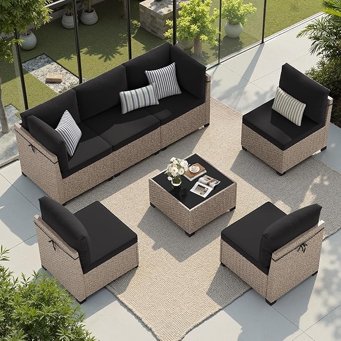 Soohow 7-Piece Patio Furniture Set, Outdoor Sectional All-Weather Wicker Patio Conversation Set for Garden, Porch, Backyard - Black Cushions