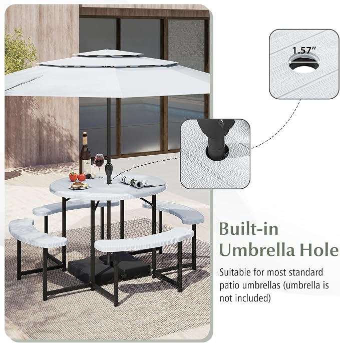 Giantex Picnic Table Bench Set for 4-8 Person, Round 37” Outdoor Dining Table w/Umbrella Hole, HDPE Tabletop, Metal Frame, Patio Furniture Set for Backyard Porch Lawn, 1400lb Capacity (White,Round)