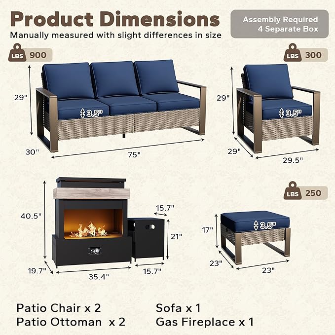 6 Pieces Metal Wicker Patio Furniture Set - 75" Sofa, Two Armchairs and Two Ottomans, One Fireplace All Weather Rattan Outdoor Conversation Furniture with Washable Cushion for Deck Porch, Dark Blue
