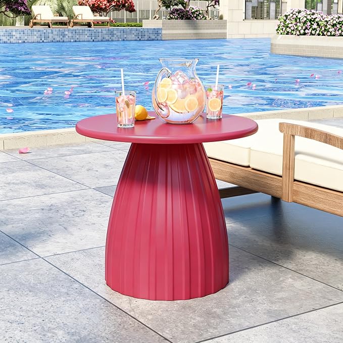 Round Metal Outdoor Patio Side Table, Steel Outdoor Accent Table, Small Patio End Table, for Garden, Pool, Yard, Balcony, Living Room, Deck, Weather Resistant, No Assembly, Pink