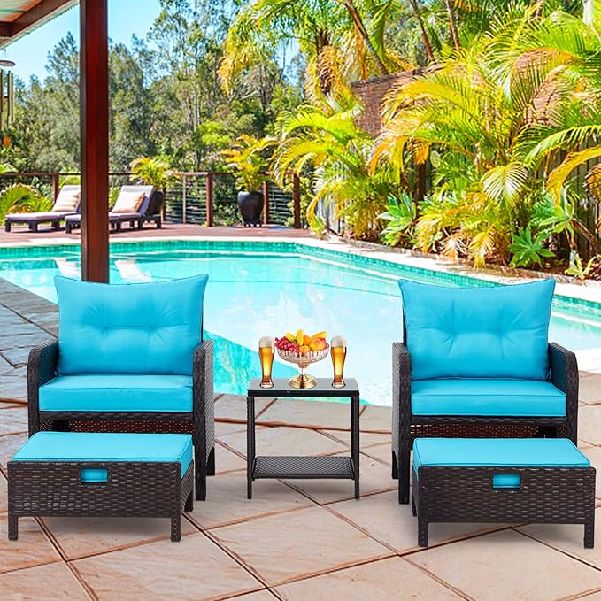 AVAWING 5 Pieces Patio Furniture Set, Outdoor Rattan Chairs with Tempered Glass Coffee Table, Ottomans & Soft Cushions, Wicker Conversation Bistro Set for Garden, Porch, Deck, Balcony (Blue)