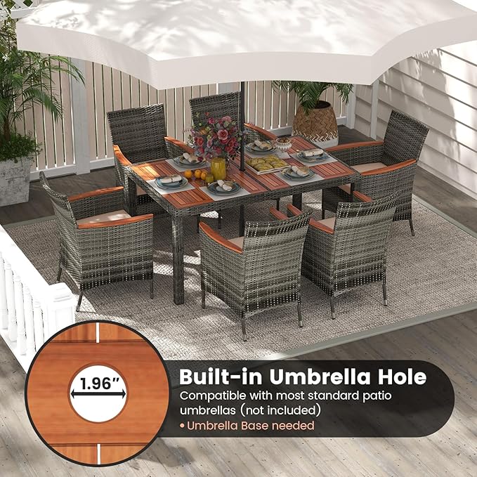 COSTWAY 7-Piece Patio Dining Set for 6, Outdoor Rattan Wicker Table and Chairs Furniture Set with Umbrella Hole, Acacia Wood Tabletop for Backyard, Balcony, Poolside, Grey & Beige