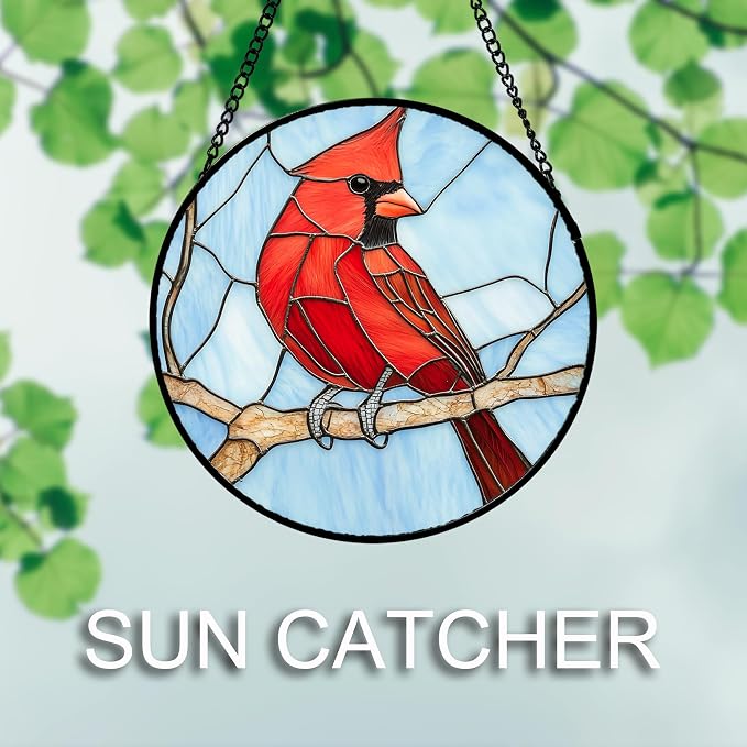 Stained Glass Window Hanging 4 Pcs Set Cardinal Blue Birds 9.8" - Suncatcher Door Garden Sun Catcher Decor Birthday Mother's Day for Bird Lovers Men Woman Nana Friend