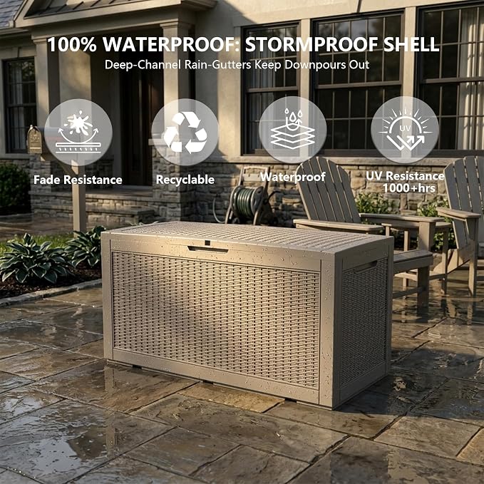 Outdoor Storage Box, 110 Gallon Waterproof Deck Box [Upgraded 3.0], Auto-Open Gas Struts Resin Organizer for Lounger Pillows, Secure Lockable Backyard Storage Bench, Poolside Deck, Grey