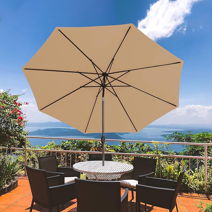 Sundale Outdoor 10 ft Patio Umbrella with Sand Bag Umbrella Base Included, Outdoor Umbrella with Tilt and Crank, Tan