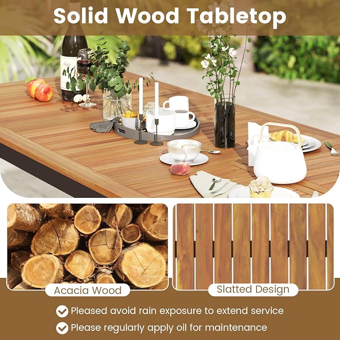 Tangkula 9 Piece Outdoor Wood Dining Set, Patio Rectangular Table with Umbrella Hole and 8 Solid Acacia Armchairs, for Porch, Garden, Backyard, Balcony