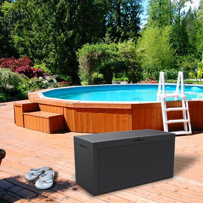 DIKEP 100 Gallon Polypropylene(PP) Deck Box Lockable Outdoor Storage Box for Patio Furniture Cushions, Garden Tools, Pool Supplies | Built-in Handles Waterproof Storage Container, Black