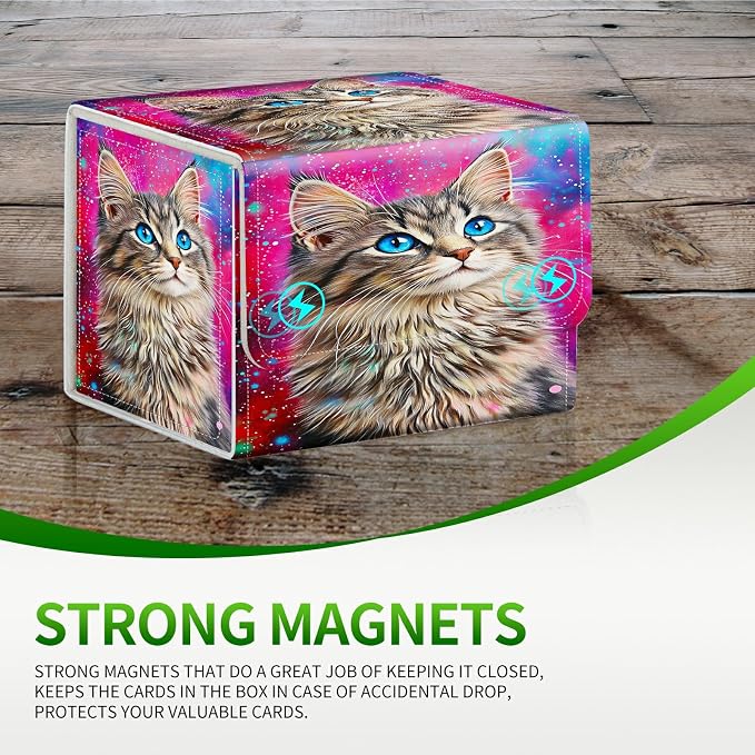 Card Deck Box for MTG, Cards Storage Box Fits 120+ Sleeved, Leather Small Size Strong Magnetic Closing Card Case for Board Games Magic TCG CCG Baseball Collection, Cute Blue Eyed Cat