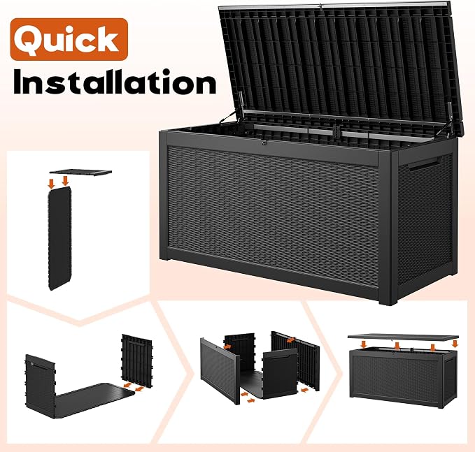 Outdoor Storage Box, Resin Deck Boxes Indoor and outdoor, Waterproof Storage Box Lockable Lid (Black,320 Gallon)