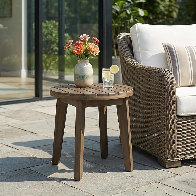 Outdoor Round Side Table, 16" Wood Patio Table Small End Table Patio Side Tables for Backyard Porch Deck Yard Garden (Grey)