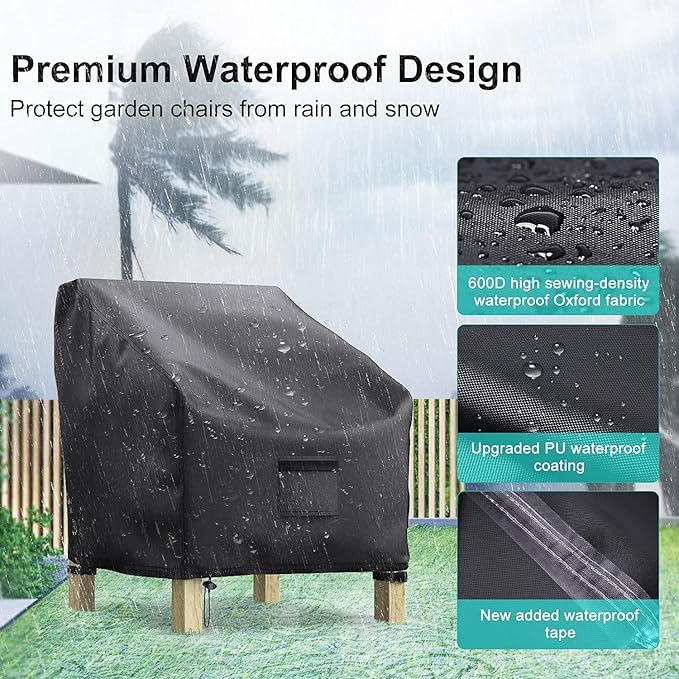 Patio Chair Covers for Outdoor Furniture Waterproof 2 Pack, Lawn Chair Covers 600D Heavy Duty Oxford Cloth, Large Covers for Lounge Lawn Deep Seat Black 40" W x 40" D x 36" H