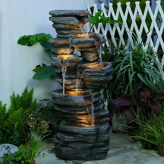 Garden Water Fountain Outdoor - 42.5" H Imitation Rock with Mutiply - Tier Waterfall Fountain for Garden,Patio,Porch,Backyard,Home Decor