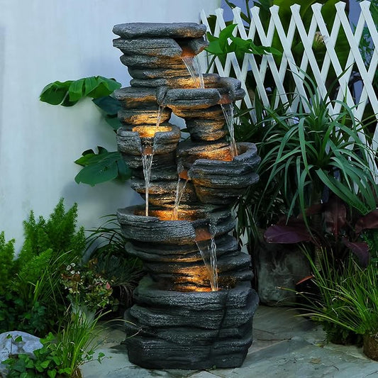 Garden Water Fountain Outdoor - 42.5" H Imitation Rock with Mutiply - Tier Waterfall Fountain for Garden,Patio,Porch,Backyard,Home Decor