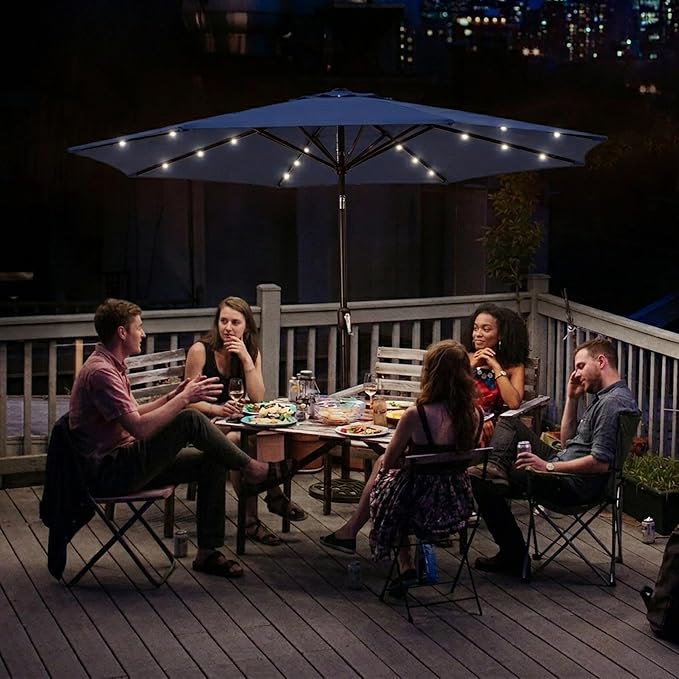 Four Seasons Courtyard 9 Foot Polyester 2 Section Steel Pole Outdoor Patio Market Umbrella with Open Tilt System and LED Lights on 8 Steel Ribs, Navy