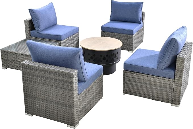 HOOOWOOO 6-Piece Outdoor Wicker Patio Furniture Set, All-Weather Rattan Sectional Sofa Chairs with Fire Pit and Side Table, Modern Garden Conversation Set for Patio, Porch, and Backyard (Denim Blue)