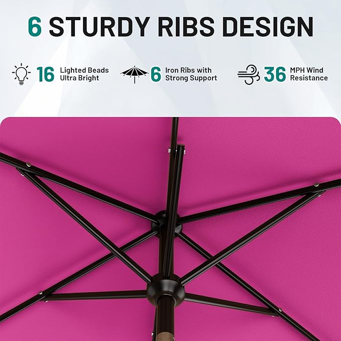AreShark 6.5' x 10' Rectangular Patio Umbrella with Solar Lights, Solar Powered Lighted Market Umbrella w/Tilt and Crank, Outdoor Table Umbrella for Garden, Deck, Backyard, Pool and Beach, Rose Pink